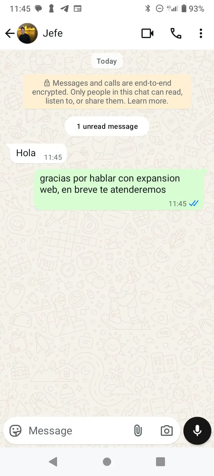 Ejemplo de prueba del mensaje automático en WhatsApp Business