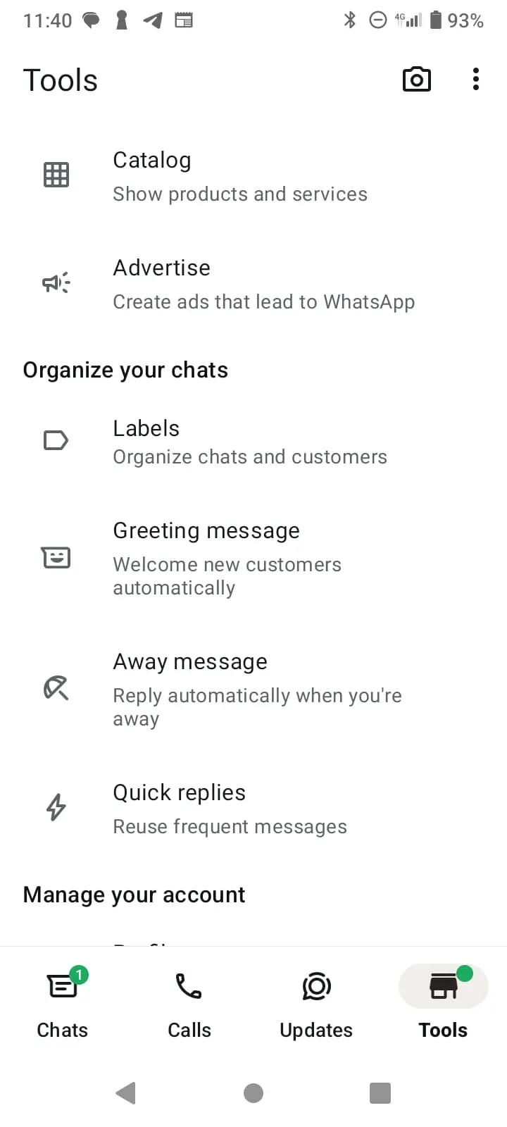 Menú de herramientas para la empresa en WhatsApp Business